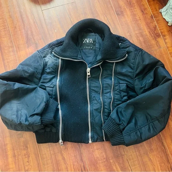 ZARA Black Bomber Jacket with Zipper Details & Pinstripe Back - Picture 6 of 7